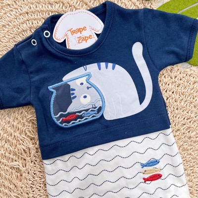 Kit 3 Peças - Bodys Manga Curta Gatinho com Peixinhos - Off White e Marinho